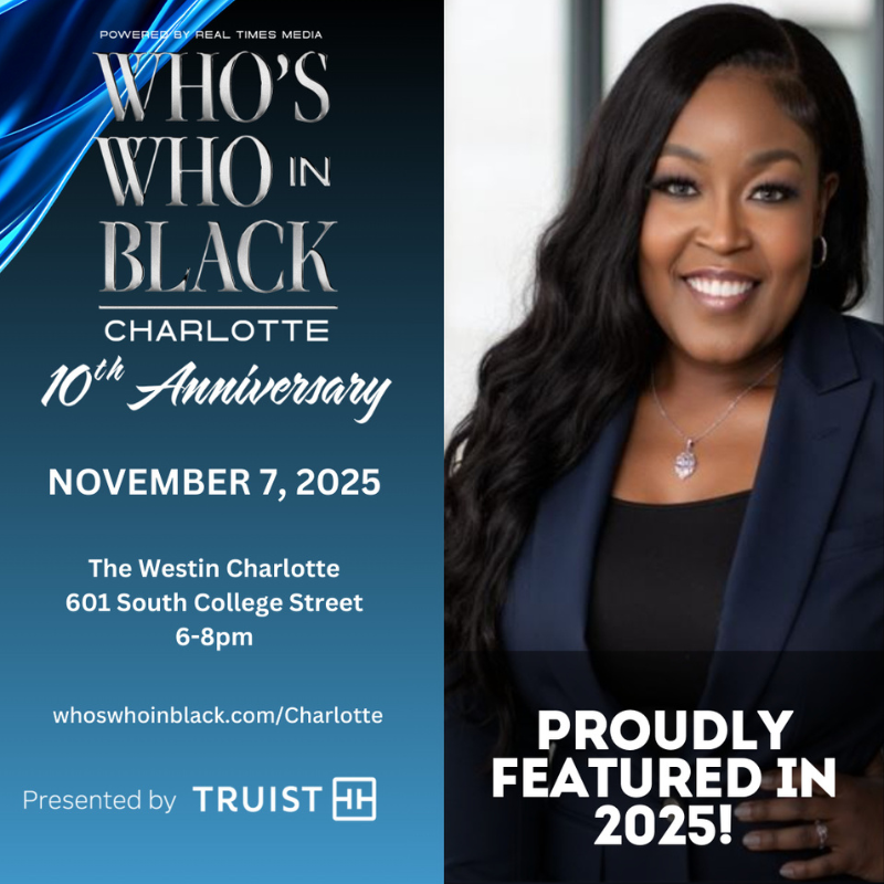 Promotional poster for Who’s Who in Black Charlotte 10th Anniversary event on November 7, 2025, featuring a smiling woman proudly recognized and featured for 2025.
